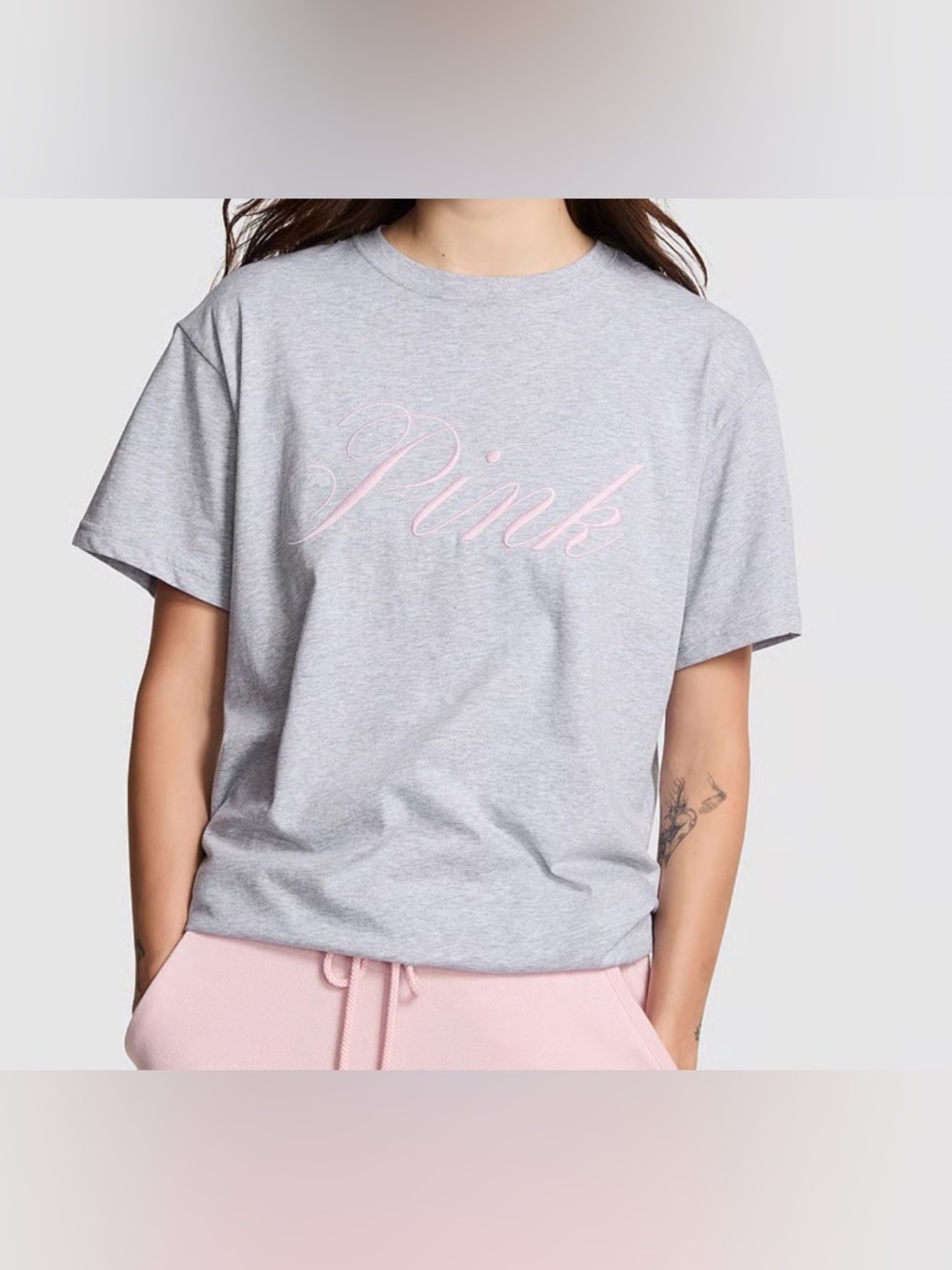VS PINK Campus Cotton Tee Oversized XS Gray Graphic Short Sleeve